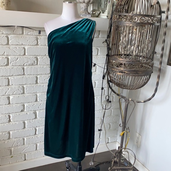 THE PYRAMID COLLECTION GREEN VELVET ONE SHOULDER DRESS LARGE EXCELLENT - Picture 1 of 6